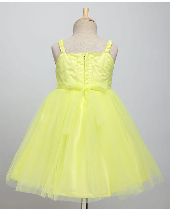 Babyhug Woven Sleeveless Fit & Flare Mesh Party Dress with Sequinned Yoke & Bow Applique - Yellow