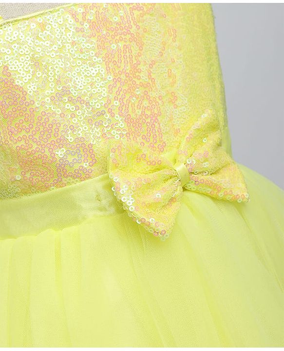 Babyhug Woven Sleeveless Fit & Flare Mesh Party Dress with Sequinned Yoke & Bow Applique - Yellow