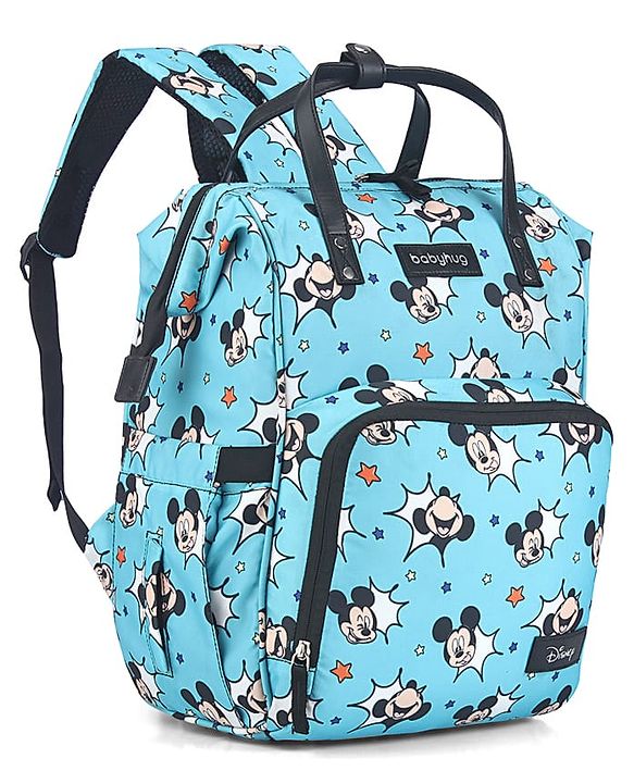 Babyhug Disney Minty Mickey Whimsy Smart Diaper Backpack - Light Blue| Adjustable Shoulder Strap| Insulated Bottle Pouches| Smart Bottom Zipper| Wipes Dispenser| Wide Fish-mouth Opening