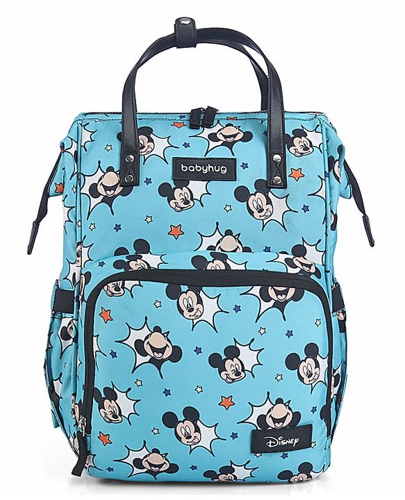Babyhug Disney Minty Mickey Whimsy Smart Diaper Backpack - Light Blue| Adjustable Shoulder Strap| Insulated Bottle Pouches| Smart Bottom Zipper| Wipes Dispenser| Wide Fish-mouth Opening