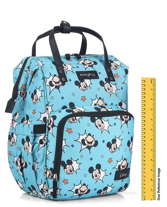 Babyhug Disney Minty Mickey Whimsy Smart Diaper Backpack - Light Blue| Adjustable Shoulder Strap| Insulated Bottle Pouches| Smart Bottom Zipper| Wipes Dispenser| Wide Fish-mouth Opening
