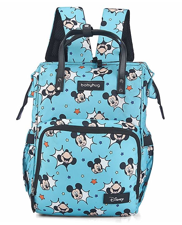 Babyhug Disney Minty Mickey Whimsy Smart Diaper Backpack - Light Blue| Adjustable Shoulder Strap| Insulated Bottle Pouches| Smart Bottom Zipper| Wipes Dispenser| Wide Fish-mouth Opening