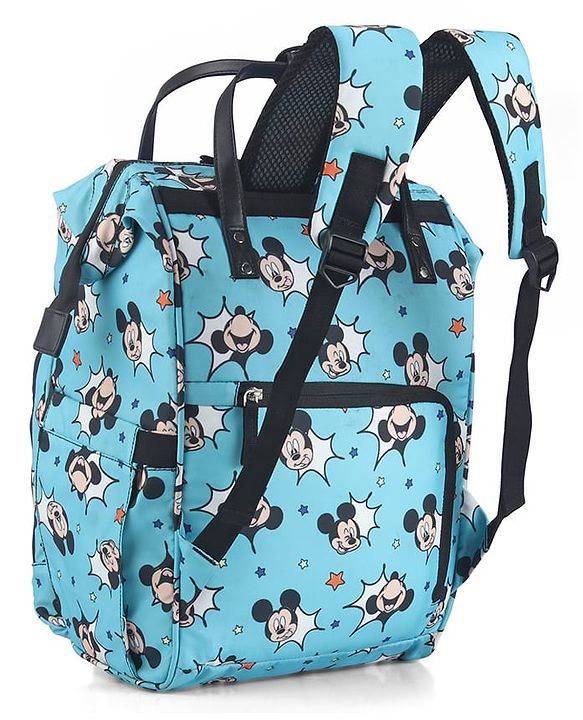 Babyhug Disney Minty Mickey Whimsy Smart Diaper Backpack - Light Blue| Adjustable Shoulder Strap| Insulated Bottle Pouches| Smart Bottom Zipper| Wipes Dispenser| Wide Fish-mouth Opening
