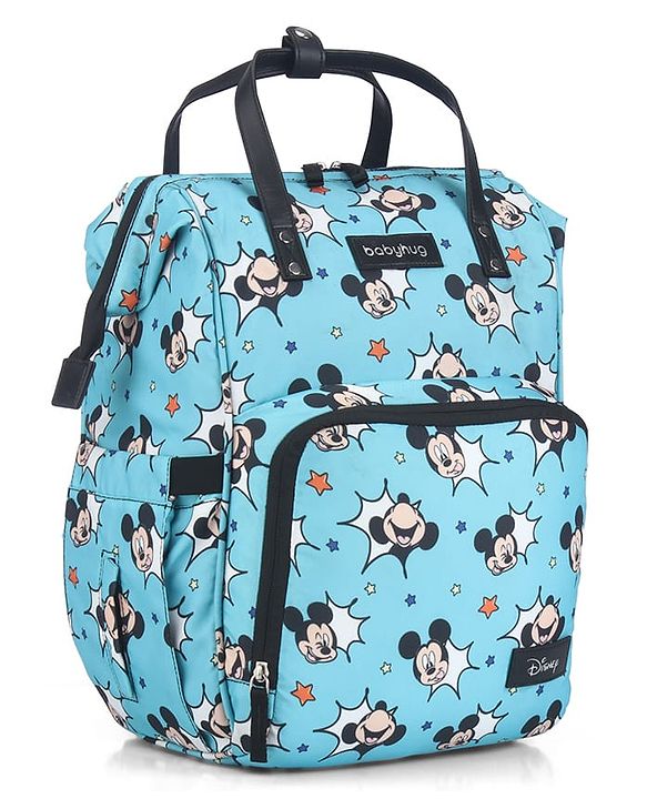 Babyhug Disney Minty Mickey Whimsy Smart Diaper Backpack - Light Blue| Adjustable Shoulder Strap| Insulated Bottle Pouches| Smart Bottom Zipper| Wipes Dispenser| Wide Fish-mouth Opening