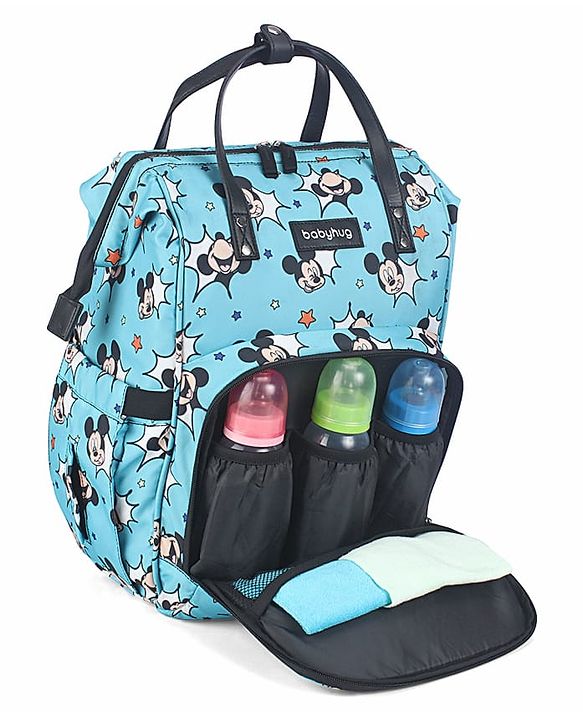 Babyhug Disney Minty Mickey Whimsy Smart Diaper Backpack - Light Blue| Adjustable Shoulder Strap| Insulated Bottle Pouches| Smart Bottom Zipper| Wipes Dispenser| Wide Fish-mouth Opening