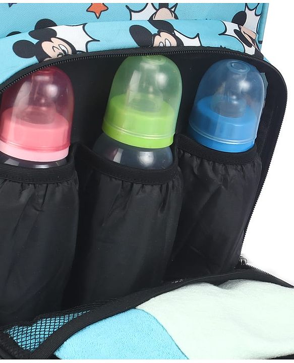 Babyhug Disney Minty Mickey Whimsy Smart Diaper Backpack - Light Blue| Adjustable Shoulder Strap| Insulated Bottle Pouches| Smart Bottom Zipper| Wipes Dispenser| Wide Fish-mouth Opening