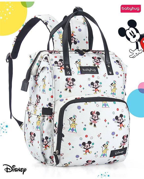 Babyhug Disney Mickey & Friends Classic Charm Smart Diaper Backpack - Off-White| Adjustable Shoulder Strap| Insulated Bottle Pouches| Smart Bottom Zipper| Wipes Dispenser| Wide Fish-mouth Opening