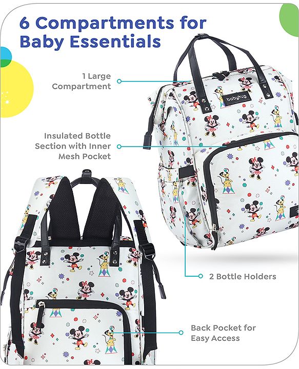 Babyhug Disney Mickey & Friends Classic Charm Smart Diaper Backpack - Off-White| Adjustable Shoulder Strap| Insulated Bottle Pouches| Smart Bottom Zipper| Wipes Dispenser| Wide Fish-mouth Opening
