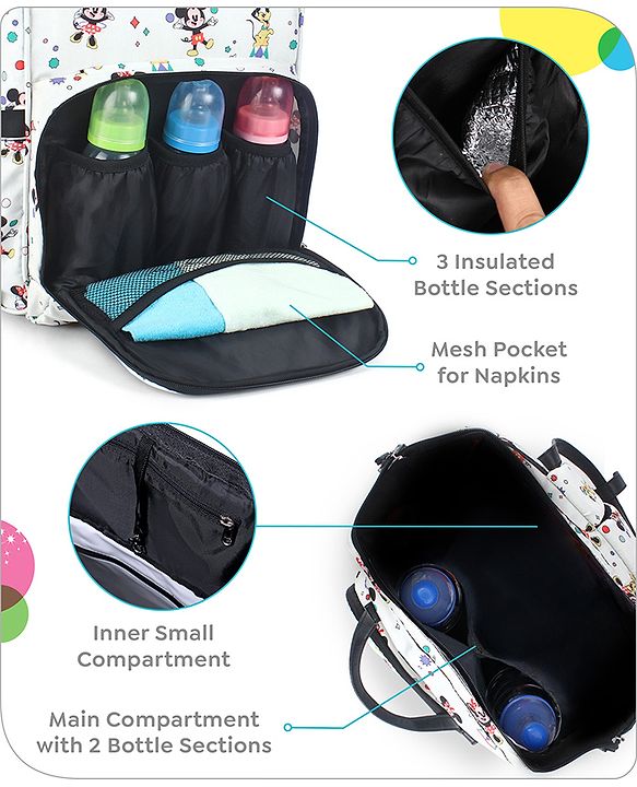 Babyhug Disney Mickey & Friends Classic Charm Smart Diaper Backpack - Off-White| Adjustable Shoulder Strap| Insulated Bottle Pouches| Smart Bottom Zipper| Wipes Dispenser| Wide Fish-mouth Opening