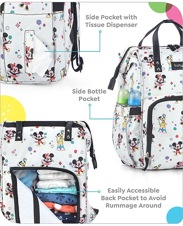 Babyhug Disney Mickey & Friends Classic Charm Smart Diaper Backpack - Off-White| Adjustable Shoulder Strap| Insulated Bottle Pouches| Smart Bottom Zipper| Wipes Dispenser| Wide Fish-mouth Opening