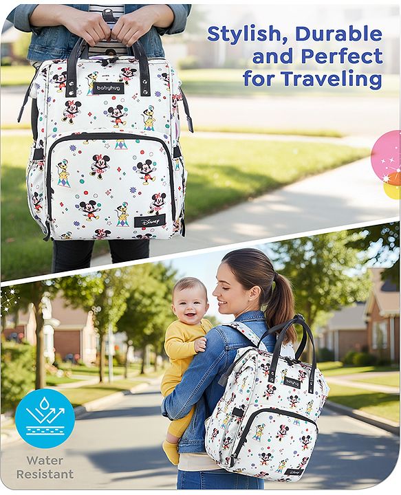 Babyhug Disney Mickey & Friends Classic Charm Smart Diaper Backpack - Off-White| Adjustable Shoulder Strap| Insulated Bottle Pouches| Smart Bottom Zipper| Wipes Dispenser| Wide Fish-mouth Opening
