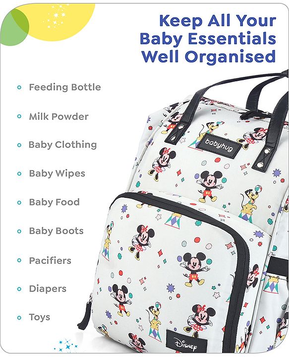 Babyhug Disney Mickey & Friends Classic Charm Smart Diaper Backpack - Off-White| Adjustable Shoulder Strap| Insulated Bottle Pouches| Smart Bottom Zipper| Wipes Dispenser| Wide Fish-mouth Opening