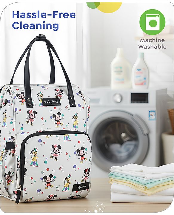 Babyhug Disney Mickey & Friends Classic Charm Smart Diaper Backpack - Off-White| Adjustable Shoulder Strap| Insulated Bottle Pouches| Smart Bottom Zipper| Wipes Dispenser| Wide Fish-mouth Opening