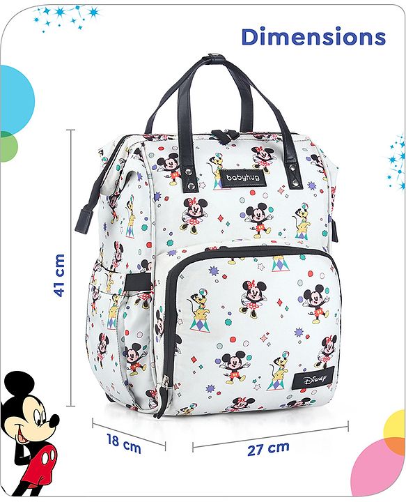 Babyhug Disney Mickey & Friends Classic Charm Smart Diaper Backpack - Off-White| Adjustable Shoulder Strap| Insulated Bottle Pouches| Smart Bottom Zipper| Wipes Dispenser| Wide Fish-mouth Opening
