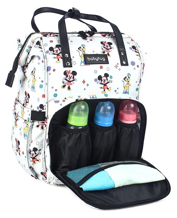 Babyhug Disney Mickey & Friends Classic Charm Smart Diaper Backpack - Off-White| Adjustable Shoulder Strap| Insulated Bottle Pouches| Smart Bottom Zipper| Wipes Dispenser| Wide Fish-mouth Opening