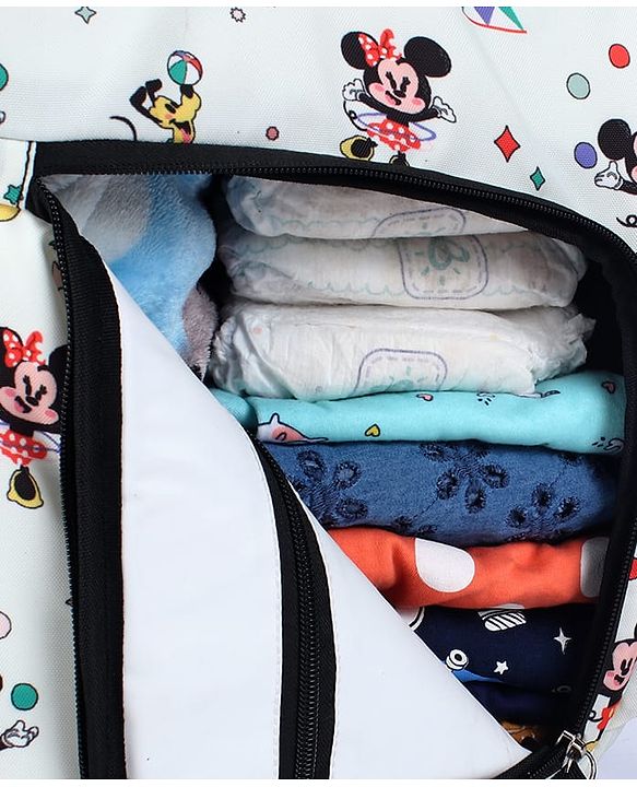 Babyhug Disney Mickey & Friends Classic Charm Smart Diaper Backpack - Off-White| Adjustable Shoulder Strap| Insulated Bottle Pouches| Smart Bottom Zipper| Wipes Dispenser| Wide Fish-mouth Opening