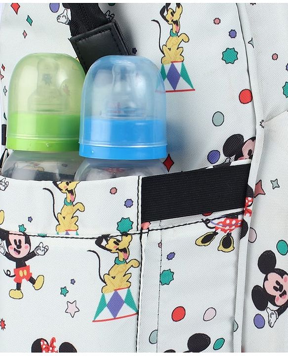 Babyhug Disney Mickey & Friends Classic Charm Smart Diaper Backpack - Off-White| Adjustable Shoulder Strap| Insulated Bottle Pouches| Smart Bottom Zipper| Wipes Dispenser| Wide Fish-mouth Opening
