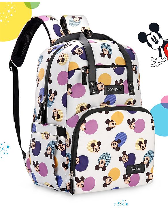 Babyhug Disney Retro Mickey Pop Smart Diaper Backpack - White| Adjustable Padded Shoulder Strap| Insulated Bottle Pouches| Wipes Dispenser| Wide opening| Anti-theft Back Pouch