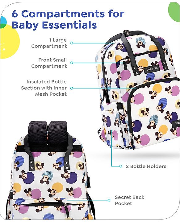 Babyhug Disney Retro Mickey Pop Smart Diaper Backpack - White| Adjustable Padded Shoulder Strap| Insulated Bottle Pouches| Wipes Dispenser| Wide opening| Anti-theft Back Pouch