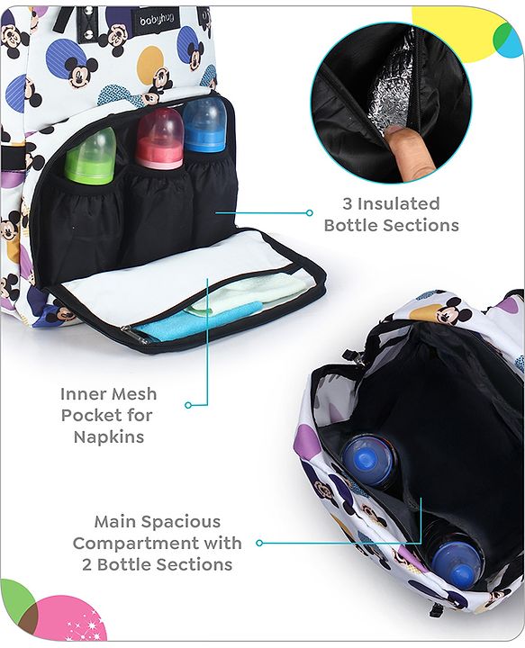 Babyhug Disney Retro Mickey Pop Smart Diaper Backpack - White| Adjustable Padded Shoulder Strap| Insulated Bottle Pouches| Wipes Dispenser| Wide opening| Anti-theft Back Pouch