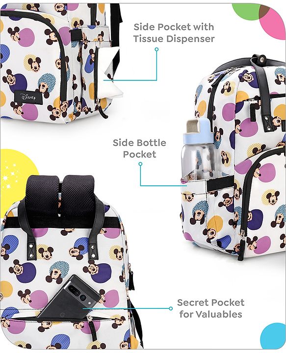 Babyhug Disney Retro Mickey Pop Smart Diaper Backpack - White| Adjustable Padded Shoulder Strap| Insulated Bottle Pouches| Wipes Dispenser| Wide opening| Anti-theft Back Pouch