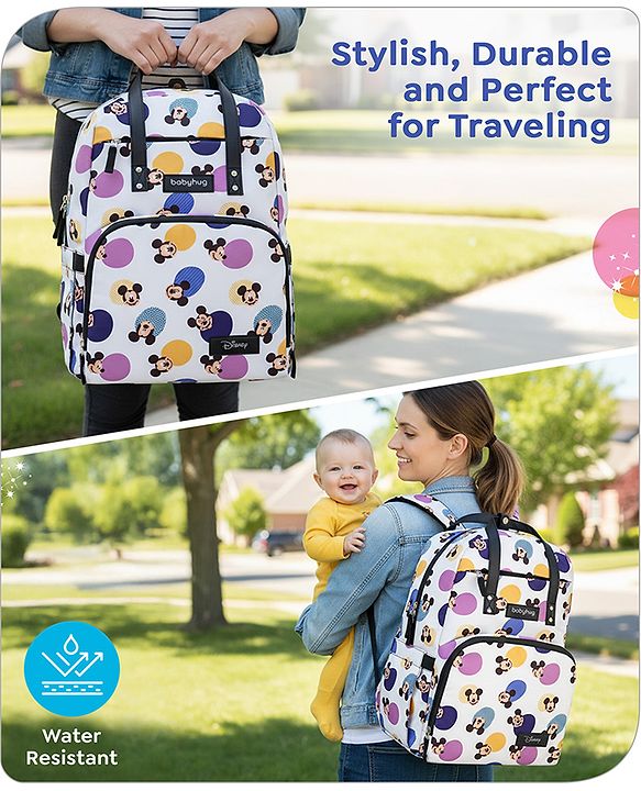 Babyhug Disney Retro Mickey Pop Smart Diaper Backpack - White| Adjustable Padded Shoulder Strap| Insulated Bottle Pouches| Wipes Dispenser| Wide opening| Anti-theft Back Pouch