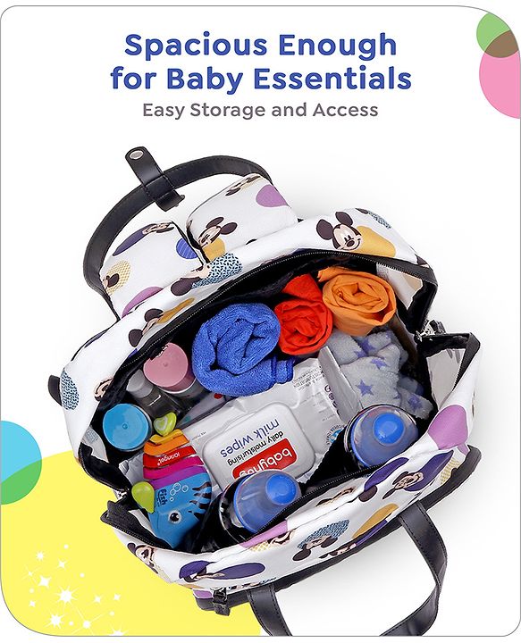 Babyhug Disney Retro Mickey Pop Smart Diaper Backpack - White| Adjustable Padded Shoulder Strap| Insulated Bottle Pouches| Wipes Dispenser| Wide opening| Anti-theft Back Pouch