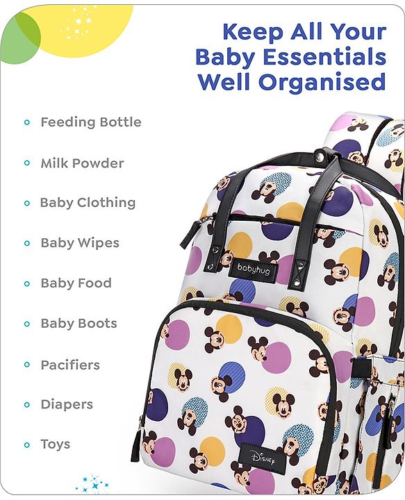 Babyhug Disney Retro Mickey Pop Smart Diaper Backpack - White| Adjustable Padded Shoulder Strap| Insulated Bottle Pouches| Wipes Dispenser| Wide opening| Anti-theft Back Pouch
