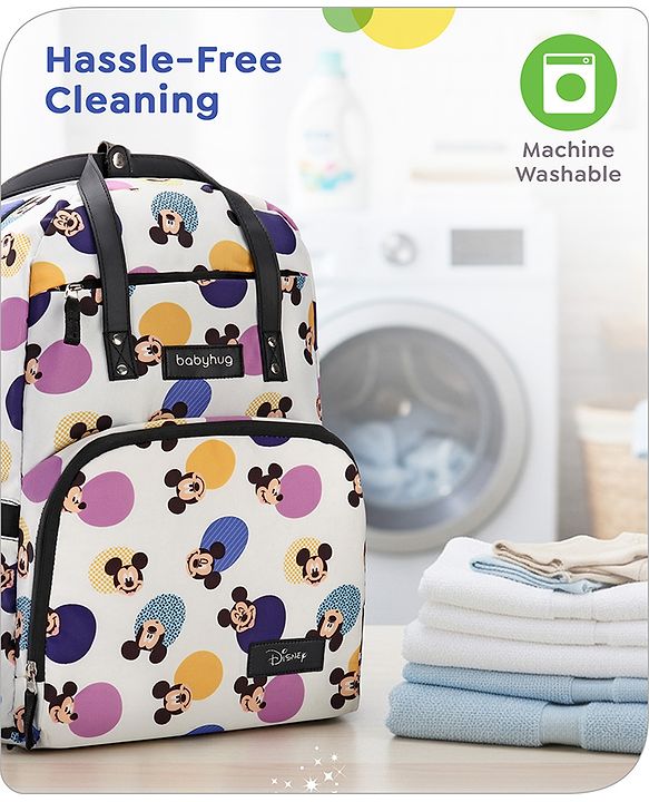 Babyhug Disney Retro Mickey Pop Smart Diaper Backpack - White| Adjustable Padded Shoulder Strap| Insulated Bottle Pouches| Wipes Dispenser| Wide opening| Anti-theft Back Pouch