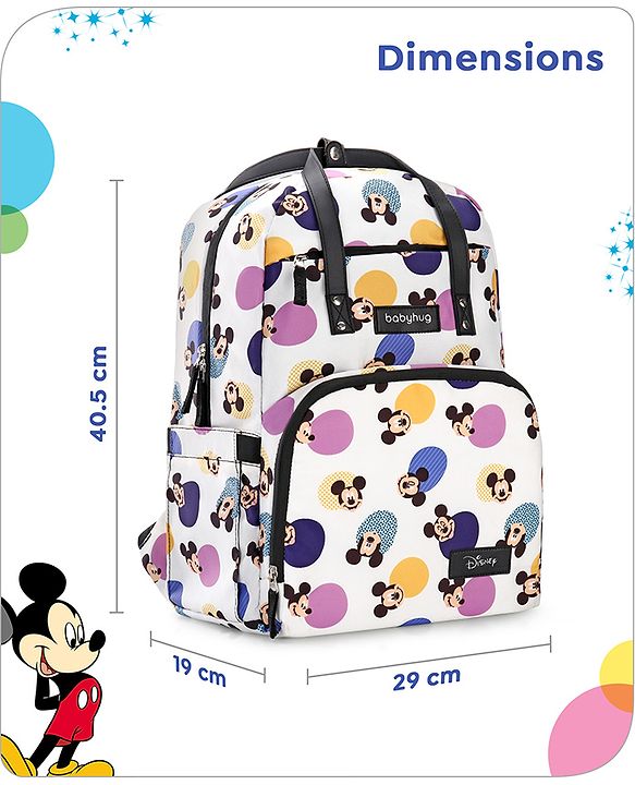 Babyhug Disney Retro Mickey Pop Smart Diaper Backpack - White| Adjustable Padded Shoulder Strap| Insulated Bottle Pouches| Wipes Dispenser| Wide opening| Anti-theft Back Pouch