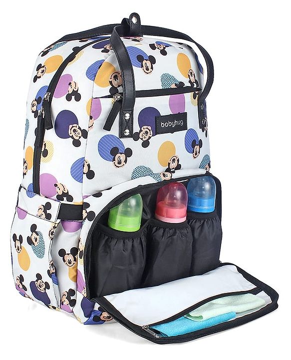 Babyhug Disney Retro Mickey Pop Smart Diaper Backpack - White| Adjustable Padded Shoulder Strap| Insulated Bottle Pouches| Wipes Dispenser| Wide opening| Anti-theft Back Pouch