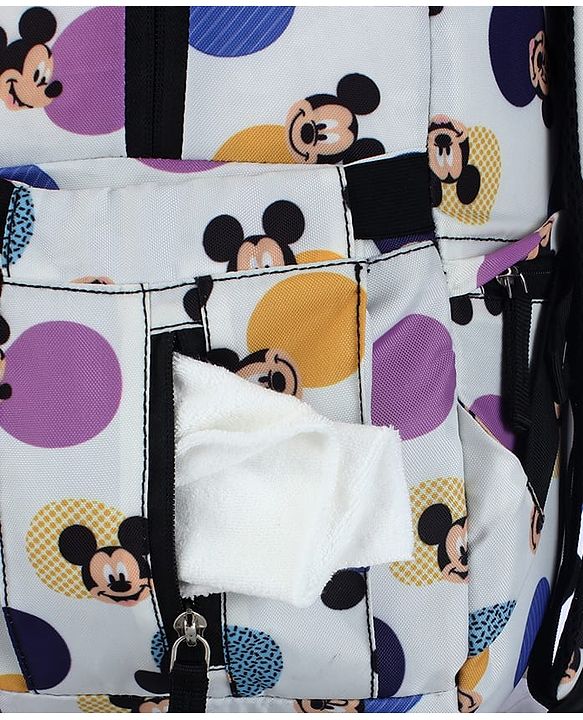 Babyhug Disney Retro Mickey Pop Smart Diaper Backpack - White| Adjustable Padded Shoulder Strap| Insulated Bottle Pouches| Wipes Dispenser| Wide opening| Anti-theft Back Pouch