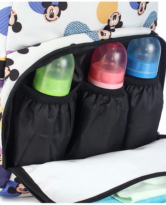 Babyhug Disney Retro Mickey Pop Smart Diaper Backpack - White| Adjustable Padded Shoulder Strap| Insulated Bottle Pouches| Wipes Dispenser| Wide opening| Anti-theft Back Pouch