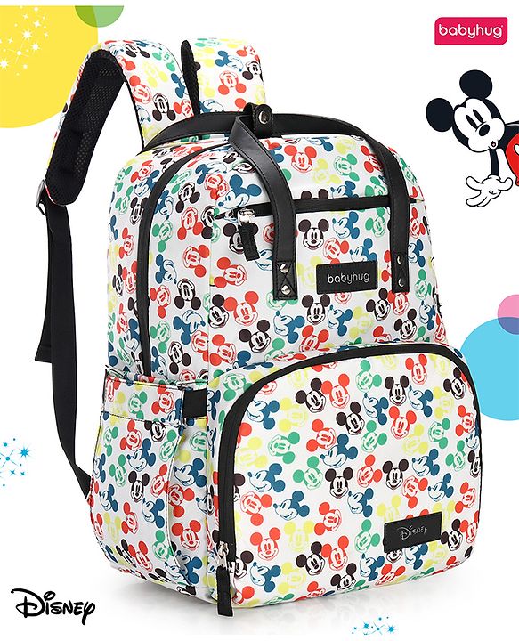 Babyhug Disney Retro Mickey Pop Smart Diaper Backpack - White| Adjustable Padded Shoulder Strap| Insulated Bottle Pouches| Wipes Dispenser| Wide opening| Anti-theft Back Pouch