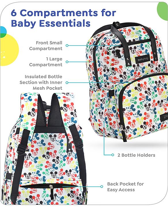 Babyhug Disney Retro Mickey Pop Smart Diaper Backpack - White| Adjustable Padded Shoulder Strap| Insulated Bottle Pouches| Wipes Dispenser| Wide opening| Anti-theft Back Pouch