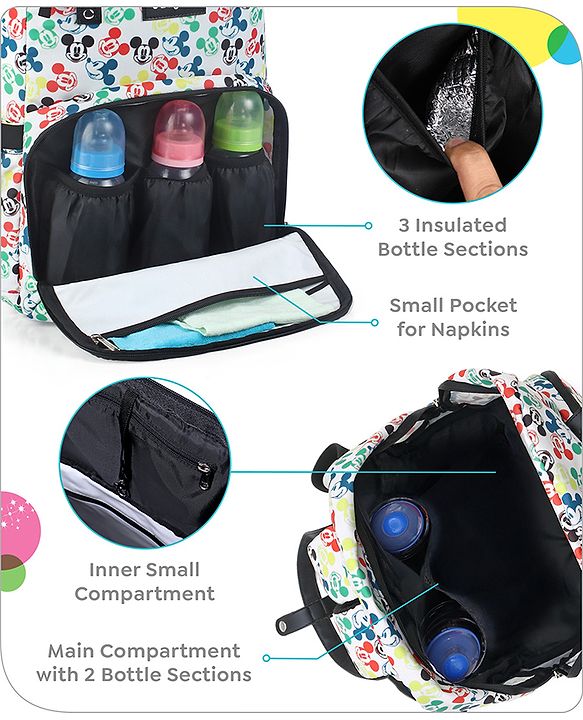 Babyhug Disney Retro Mickey Pop Smart Diaper Backpack - White| Adjustable Padded Shoulder Strap| Insulated Bottle Pouches| Wipes Dispenser| Wide opening| Anti-theft Back Pouch