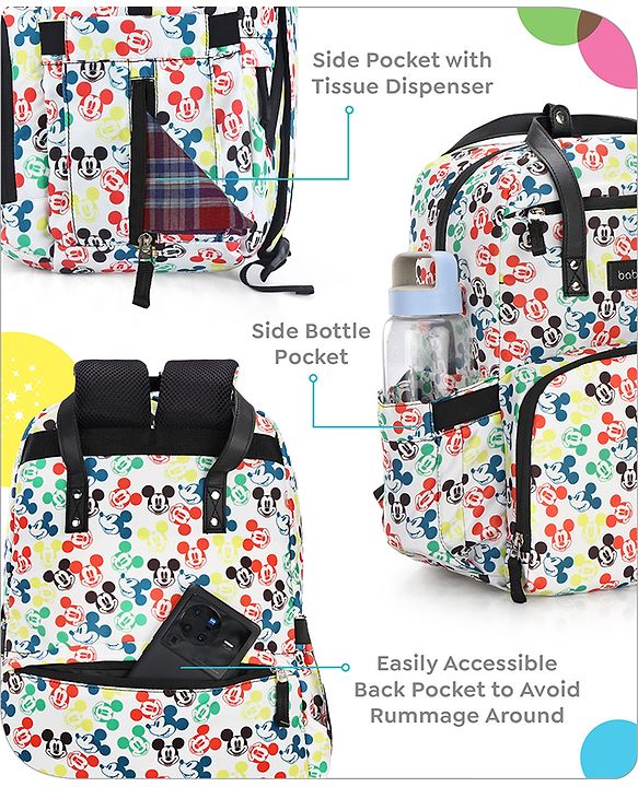 Babyhug Disney Retro Mickey Pop Smart Diaper Backpack - White| Adjustable Padded Shoulder Strap| Insulated Bottle Pouches| Wipes Dispenser| Wide opening| Anti-theft Back Pouch