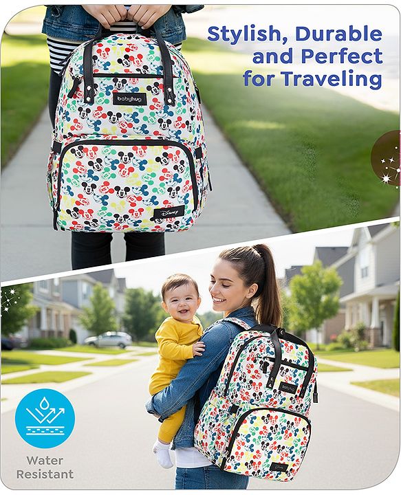 Babyhug Disney Retro Mickey Pop Smart Diaper Backpack - White| Adjustable Padded Shoulder Strap| Insulated Bottle Pouches| Wipes Dispenser| Wide opening| Anti-theft Back Pouch