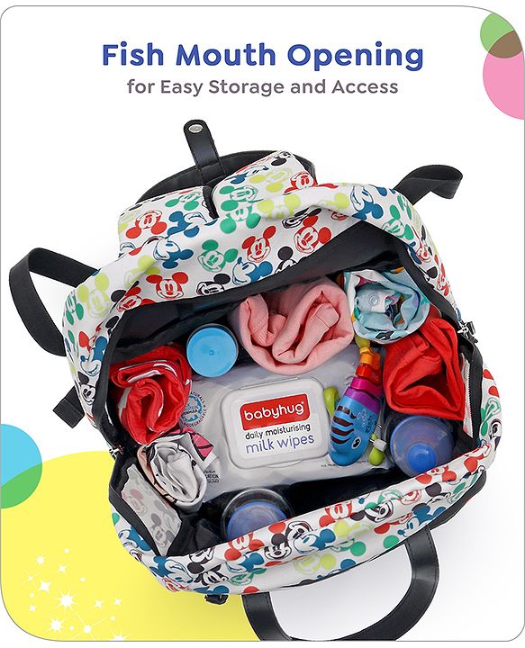 Babyhug Disney Retro Mickey Pop Smart Diaper Backpack - White| Adjustable Padded Shoulder Strap| Insulated Bottle Pouches| Wipes Dispenser| Wide opening| Anti-theft Back Pouch