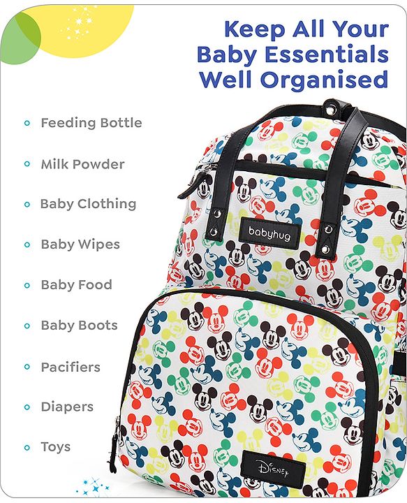 Babyhug Disney Retro Mickey Pop Smart Diaper Backpack - White| Adjustable Padded Shoulder Strap| Insulated Bottle Pouches| Wipes Dispenser| Wide opening| Anti-theft Back Pouch