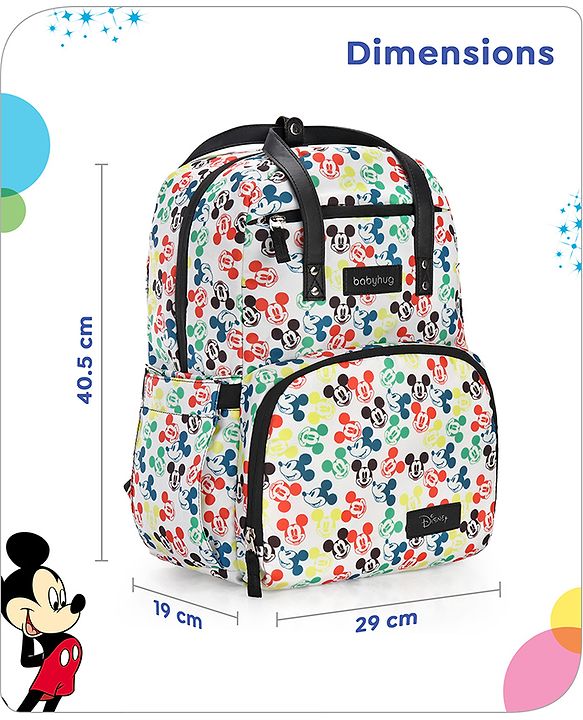 Babyhug Disney Retro Mickey Pop Smart Diaper Backpack - White| Adjustable Padded Shoulder Strap| Insulated Bottle Pouches| Wipes Dispenser| Wide opening| Anti-theft Back Pouch