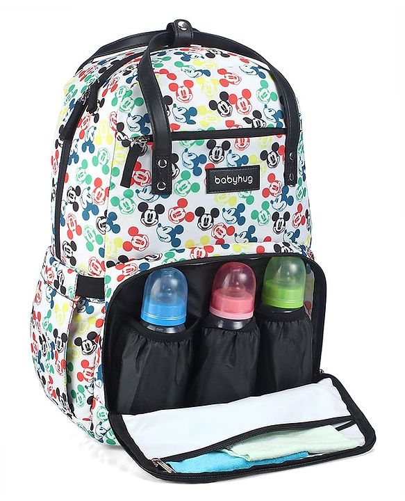 Babyhug Disney Retro Mickey Pop Smart Diaper Backpack - White| Adjustable Padded Shoulder Strap| Insulated Bottle Pouches| Wipes Dispenser| Wide opening| Anti-theft Back Pouch