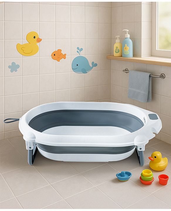 Babyhug Foldable Baby Bath Tub with Drain Plug - Grey