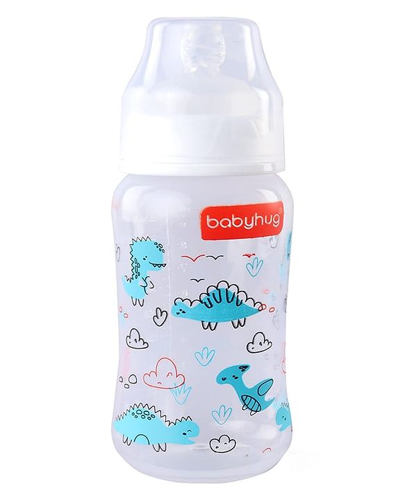 Babyhug Wide Neck Feeding Bottle with Silicone Nipple Dino Print - 250ml| Microwave and Sterilizer Safe| BPA Free| Easy to Clean & Hygienic| Measuring Scale| Anti-colic| Leak Proof