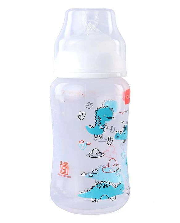 Babyhug Wide Neck Feeding Bottle with Silicone Nipple Dino Print - 250ml| Microwave and Sterilizer Safe| BPA Free| Easy to Clean & Hygienic| Measuring Scale| Anti-colic| Leak Proof