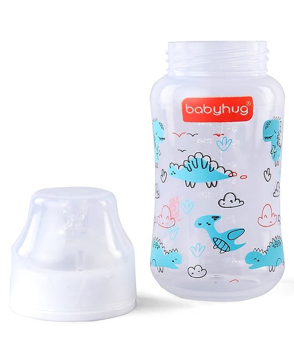 Babyhug Wide Neck Feeding Bottle with Silicone Nipple Dino Print - 250ml| Microwave and Sterilizer Safe| BPA Free| Easy to Clean & Hygienic| Measuring Scale| Anti-colic| Leak Proof