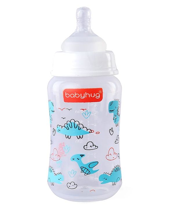 Babyhug Wide Neck Feeding Bottle with Silicone Nipple Dino Print - 250ml| Microwave and Sterilizer Safe| BPA Free| Easy to Clean & Hygienic| Measuring Scale| Anti-colic| Leak Proof