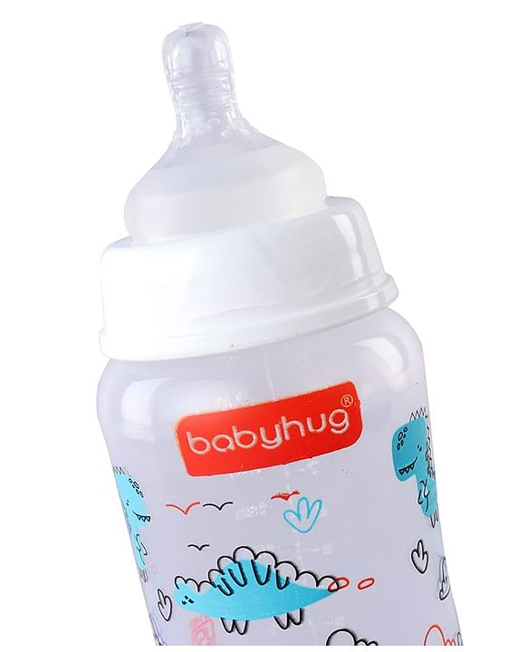 Babyhug Wide Neck Feeding Bottle with Silicone Nipple Dino Print - 250ml| Microwave and Sterilizer Safe| BPA Free| Easy to Clean & Hygienic| Measuring Scale| Anti-colic| Leak Proof