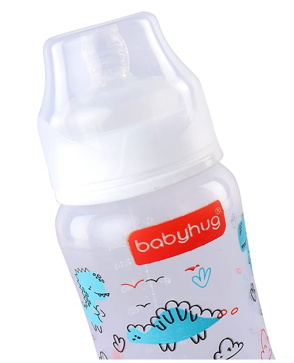 Babyhug Wide Neck Feeding Bottle with Silicone Nipple Dino Print - 250ml| Microwave and Sterilizer Safe| BPA Free| Easy to Clean & Hygienic| Measuring Scale| Anti-colic| Leak Proof