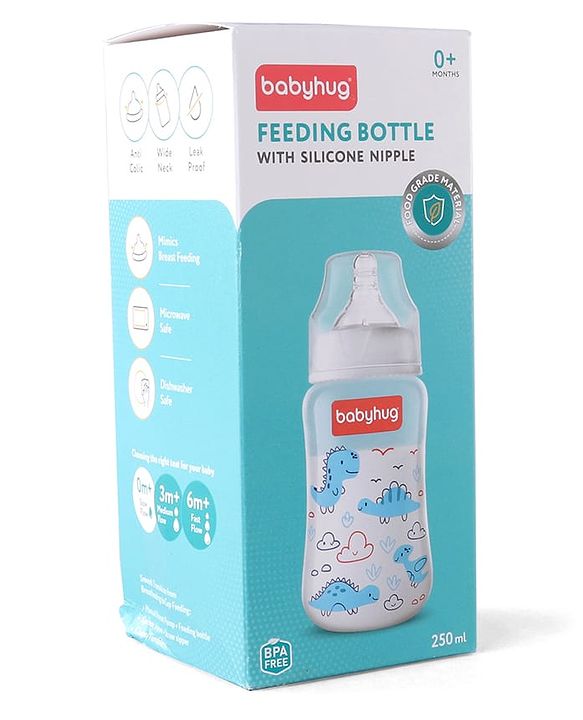 Babyhug Wide Neck Feeding Bottle with Silicone Nipple Dino Print - 250ml| Microwave and Sterilizer Safe| BPA Free| Easy to Clean & Hygienic| Measuring Scale| Anti-colic| Leak Proof